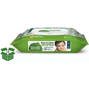 Seventh Generation Free &amp; Clear Baby Wipes, White, Unscented, 64/Pack, 12 Packs/Carton
