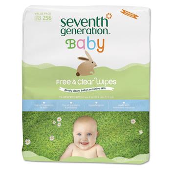 Seventh Generation Free &amp; Clear Baby Wipes, Refill, White, Unscented, 256/PK, 3 PK/CT
