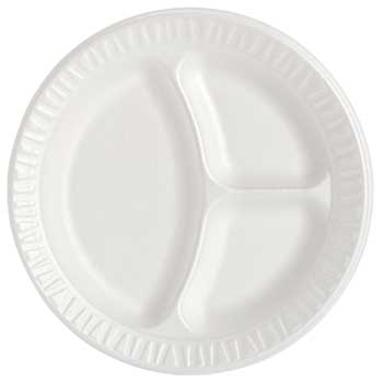 Chef&#39;s Supply Non-Laminated Foam Plates, 3-Compartment, 9&quot; Dia, White, 500/CT