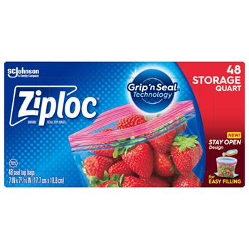 Ziploc Storage Bags, 1 qt, 1.75 mil, Plastic, 7&quot; x 7-7/16&quot;, Clear, 48 Bags/Box, 9 Boxes/Carton