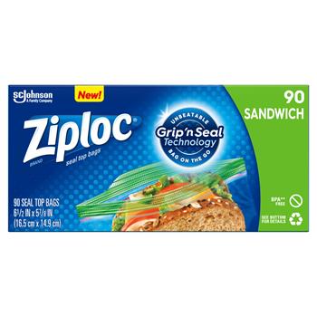 Ziploc Food Storage Bags, Sandwich, Seal Top, Plastic, 6-1/2&quot; x 5-7/8&quot;, Clear, 90 Bags/Box