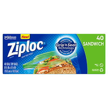 Ziploc&#174; Resealable Sandwich Bags, Plastic, 1.2 mil, Clear, 40/BX