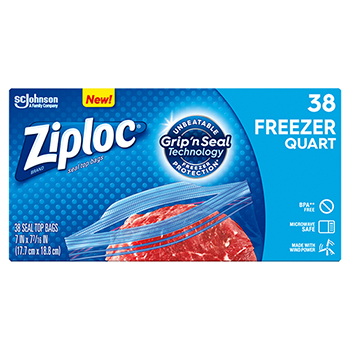 Ziploc&#174; Double Zipper Freezer Bags, 6.97 x 7.7, 1 qt, 2.7 mil, 40/Box, 9 Box/Carton