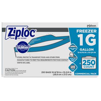 Ziploc Double-Zipper Freezer Bags, 1gal, 2.7mil, Clear w/Label Panel, 250/CT