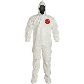 DuPont Tychem&#174; 4000 Hooded Coveralls, Elastic Wrists, Attached Socks, White, 2X-Large, 12/CS