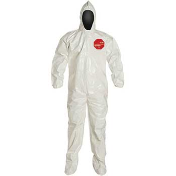 DuPont Tychem Protective Coverall, Attached Hood, Elastic Wrist, Attached Sock, XL, Tyvek, White, 6/CS