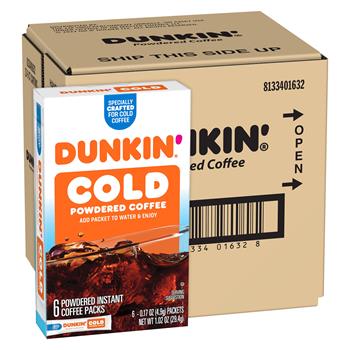 Dunkin&#39; Powdered Instant Coffee Packets, For Cold Coffee, 0.17 oz, 6 Packets/Box, 12 Boxes/Case