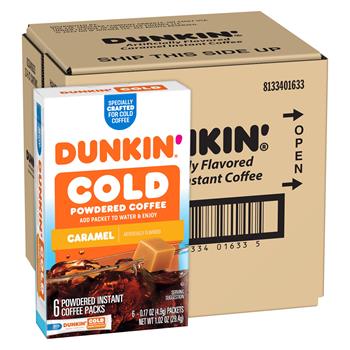 Dunkin&#39; Powdered Instant Coffee Packets, Caramel, For Cold Coffee, 0.17 oz, 6 Packets/Box, 12 Boxes/Case