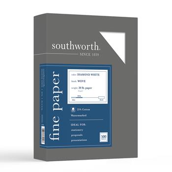 Southworth 25% Cotton Business Paper, Wove, 20 lb, 8.5&quot; x 11&quot;, Diamond White, 500 Sheets/Box