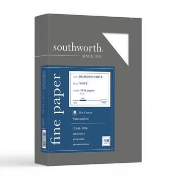 Southworth&#174; 25% Cotton Business Paper, 8.5&quot; x 11&quot;, 24 lb, Diamond White, Wove Finish, 500 Sheets/BX