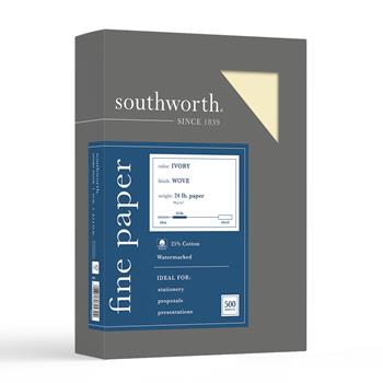 Southworth&#174; 25% Cotton Business Paper, 8.5&quot; x 11&quot;, 24 lb, Ivory, Wove Finish, 500 Sheets/BX