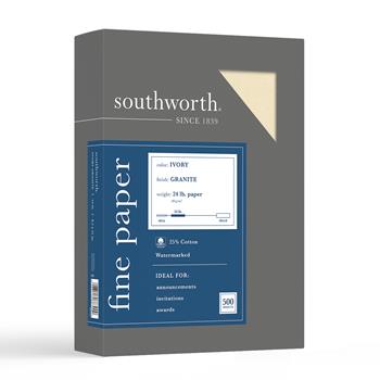 Southworth 25% Cotton Granite Specialty Paper, 24 lb, 8.5&quot; x 11&quot;, Ivory, 500 Sheets/Box