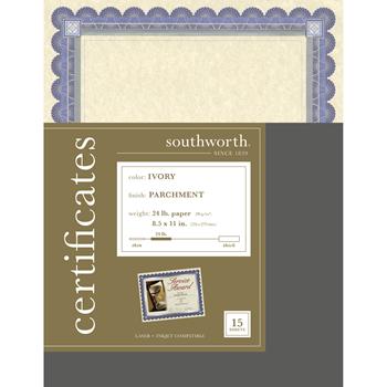 Southworth Foil Enhanced Parchment Certificate, 8.5” x 11”, 24 lb, Ivory, Blue/Silver Border, 15 Sheets/PK