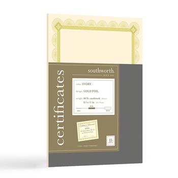 Southworth Foil Enhanced Parchment Certificate, 66 lb, 8.5” x 11”, Ivory, Gold Border, 15 Sheets/Pack