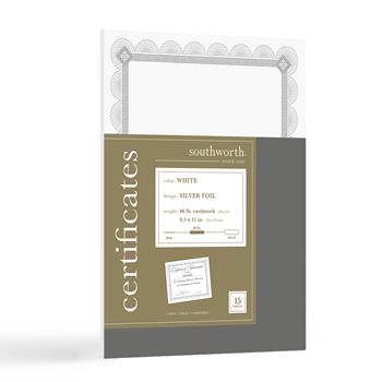 Southworth Foil Enhanced Parchment Certificate, 66 lb, 8.5” x 11”, White, Silver Border, 15 Sheets/Pack