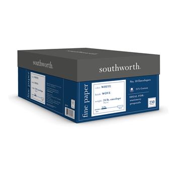 Southworth 25% Cotton Business #10 Envelopes, 4.125&quot; x 9.5&quot;, 24 lb, Wove Finish, White, 250 Count/BX