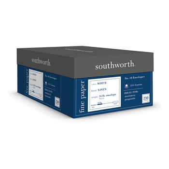 Southworth 25% Cotton Business #10 Envelopes, Linen Finish, 24 lb, 4.125&quot; x 9.5&quot;, White, 250 Count/BX