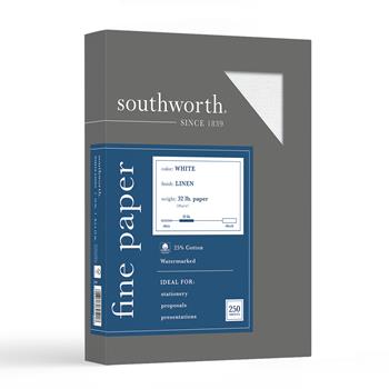 Southworth 25% Cotton Business Paper, Linen, 32 lb, 8.5&quot; x 11&quot;, White, 250 Sheets/Box