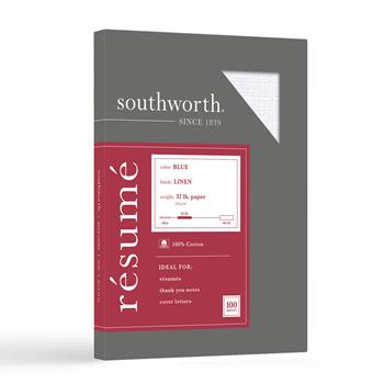 Southworth&#174; 100% Cotton Resume Paper, 8.5” x 11, 32 lb, Linen Finish, Blue, 100 Sheets/BX