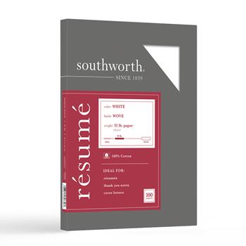 Southworth 100% Cotton Resume Paper, Wove, 32 lb, 8.5&quot; x 11&quot;, White, 100 Sheets/Box