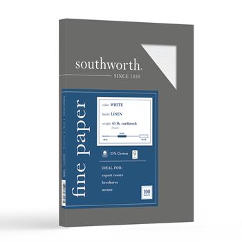 Southworth&#174; 25% Cotton Business Coverstock, 8.5&quot; x 11&quot;, 65 lb, White, Linen Finish, 100 Sheets/BX