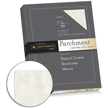 Southworth Parchment Cardstock, 8.5” x 11”, 65 lb, Ivory, Parchment Finish, 100 Sheets/BX
