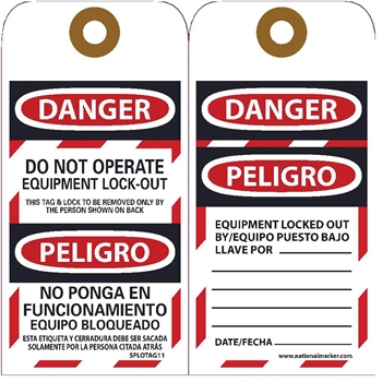 NMC Tags, Danger, Do Not Operate Equipment Lock Out, Bilingual, 6&quot;X3&quot;, Unrippable Vinyl with Grommet, 25/PK