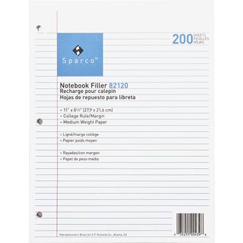 Sparco Notebook Filler Paper, 16 lb, College Ruled, 3-Hole Punched, 8 1/2&quot; x 11&quot;, 200 Sheets/Pack