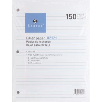 Sparco Filler Paper, 16 lb, Wide Ruled, 3-Hole Punched, 8&quot; x 10 1/2&quot;, 150 Sheets/Pack