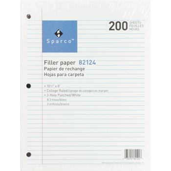 Sparco Filler Paper, 16 lb, College Ruled, 3-Hole Punched, 8&quot; x 10 1/2&quot;, 200 Sheets/Pack