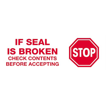 Tape Logic Pre-Printed Carton Sealing Tape, &quot;Stop If Seal Is Broken...&quot;, 2.2 Mil, 2&quot; x 110 yds., Red/White, 36/CS
