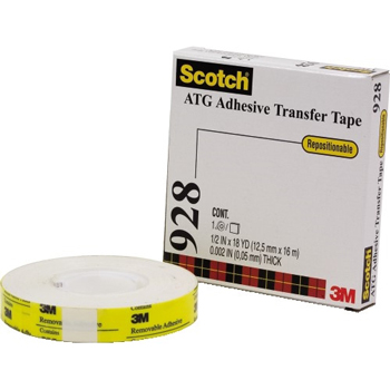 3M 928 Repositionable Adhesive Transfer Tape, 2.0 Mil, 1/2&quot; x 18 yds., White, 6/CS