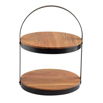 TableCraft Round Two-Tiered Display Stand, Collapsible, 12 x 11.4 x 16 in, Acacia