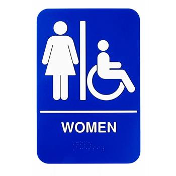 TableCraft Women/Accessible Rectangular Sign, ADA Compliant, 6 in x 0.125 in x 9 in, Polystyrene, Blue/White