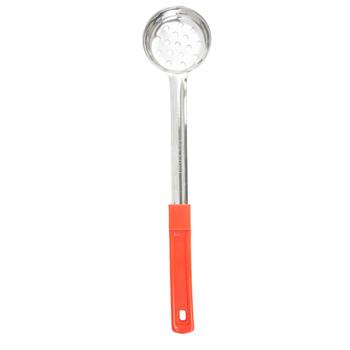 TableCraft One-Piece Perforated Spoonout, 2 oz, 13 in x 2.75 in x 1 in, Stainless Steel, Red Handle