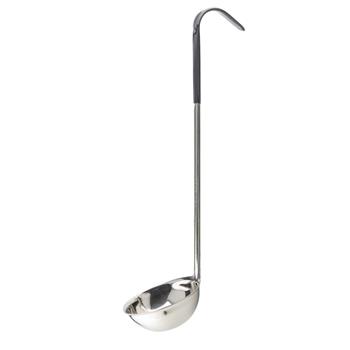 TableCraft 6 oz One-Piece Ladle with Black Handle, 3.75 in x 5.75 in x 140.5 in, Stainless Steel