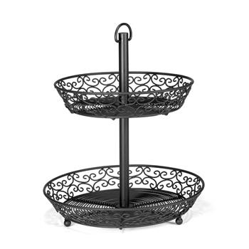 TableCraft Mediterranean Collection Two-Tiered Fruit Basket, 10.75 in x 10.75 in x 12.25 in, Powder Coated, Black