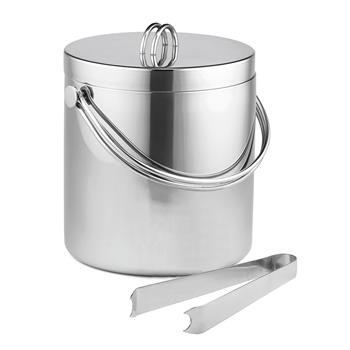 TableCraft Double Wall Stainless Steel Ice Bucket with Tongs, 120 oz, 8.25 in x 7.75 in x 8.875 in
