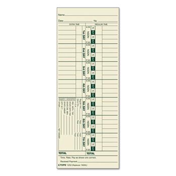 TOPS Time Card for Acroprint and Lathem, Weekly, 3 1/2 x 9, 500/Box