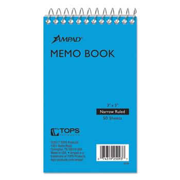 Ampad Wirebound Pocket Memo Book, Narrow Ruled, 3&quot; x 5&quot;, White Paper, Blue Cover, 50 Sheets