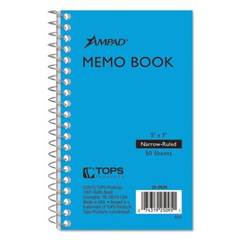 Ampad Wirebound Pocket Memo Book, Narrow Ruled, 3&quot; x 5&quot;, Green Paper, Assorted Colors, 50 Sheets