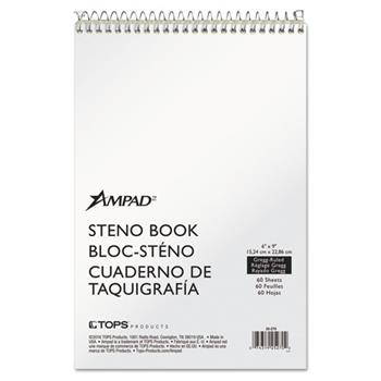 Ampad Spiral Steno Book, Gregg Ruled, 6&quot; x 9&quot;, Green Paper, White Cover, 60 Sheets