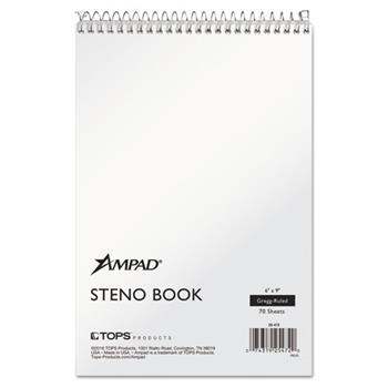 Ampad Spiral Steno Book, Gregg Ruled, 6&quot; x 9&quot;, White Paper, White Cover, 70 Sheets