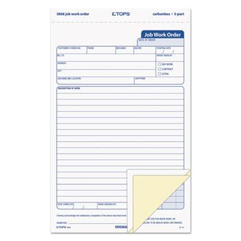 TOPS Snap-Off Job Work Order Form, 5 1/2 x 8 1/2, Three-Part Carbonless, 50 Forms