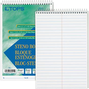 TOPS™ Steno Book, 80 Sheets, Wire Bound, Gregg Ruled, 6&quot; x 9&quot;, White Paper, Hardboard Cover