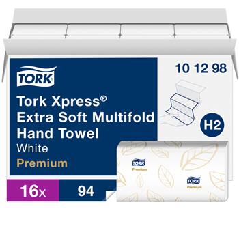 Tork Xpress Extra Soft Multifold Hand Towel, White with Blue Leaf H2, 4-Panel, 2-Ply, 94 Sheets/Bundle, 16 Bundles/Carton