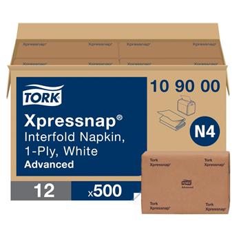 Tork Xpressnap N4 Dispenser Napkins, 1-Ply, 8 1/2&quot; W x 13&quot; L, 1/4 Fold, White, 500 Napkins/Pack, 12 Packs/Carton