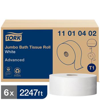 Tork T1 Advanced Jumbo Bath Tissue Roll, Perforated, 1-Ply, 3.48&quot; x 2,247&#39;, White, 6/CT