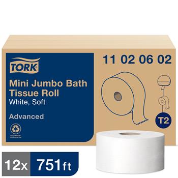 Tork Advanced Jumbo T2 Toilet Paper Roll, 2-Ply, 3.48&quot; x 751&#39;, White, 1075 Sheets/Roll 12 Rolls/CT