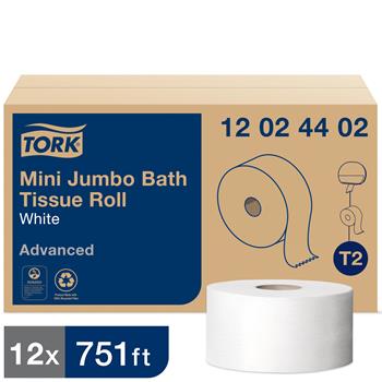 Tork T2 Advanced Mini Jumbo Bath Tissue Roll, 2-Ply, 3.48&quot; x 751&#39;, White, 12/CT